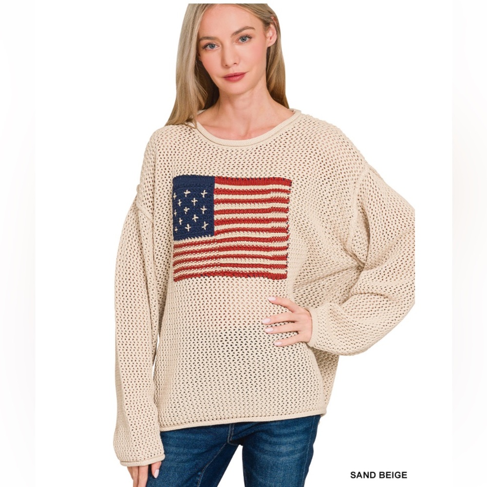 Zenana Outfitters Sand Beige Open-Knit Crewneck Sweater with Flag Patch